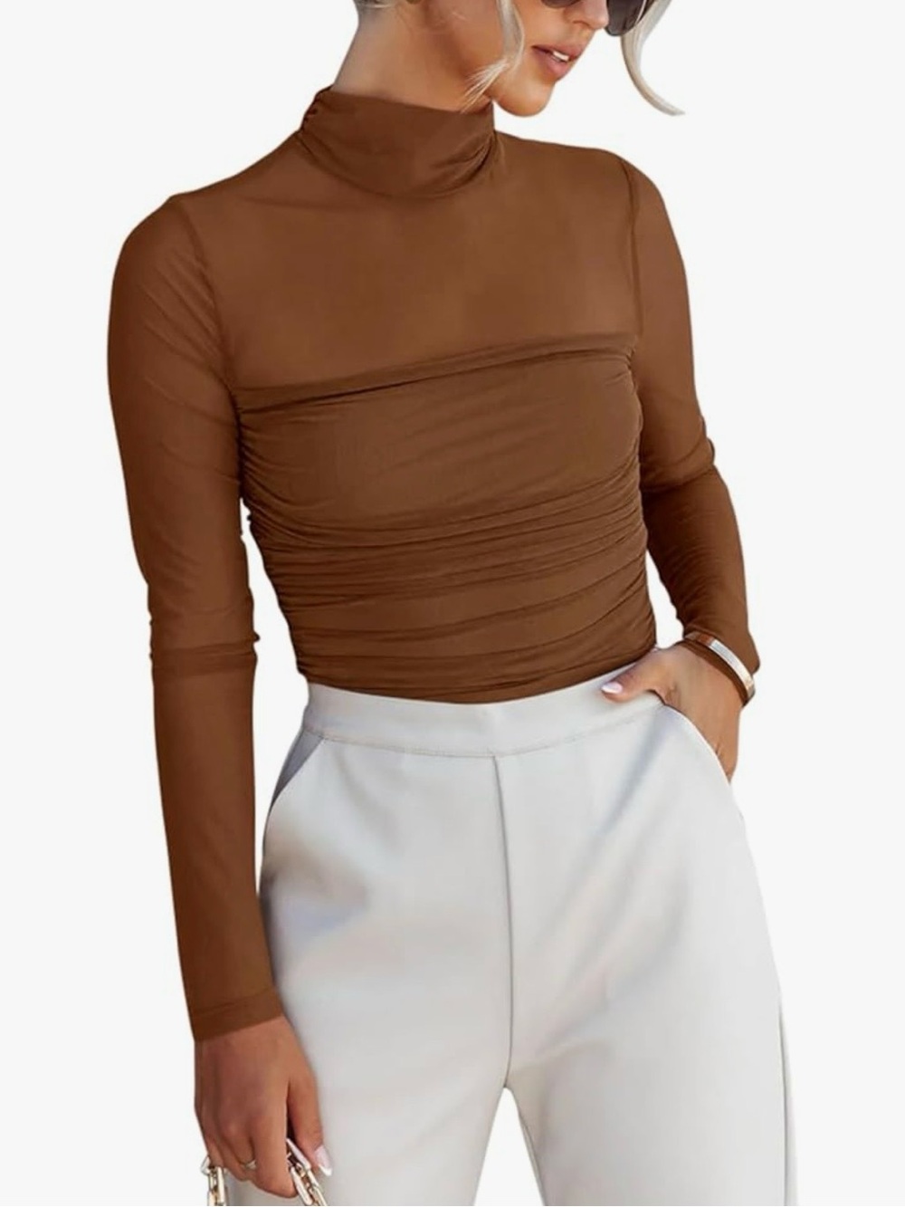 Brown Mock Neck Ruched Long-Sleeve Bodysuit